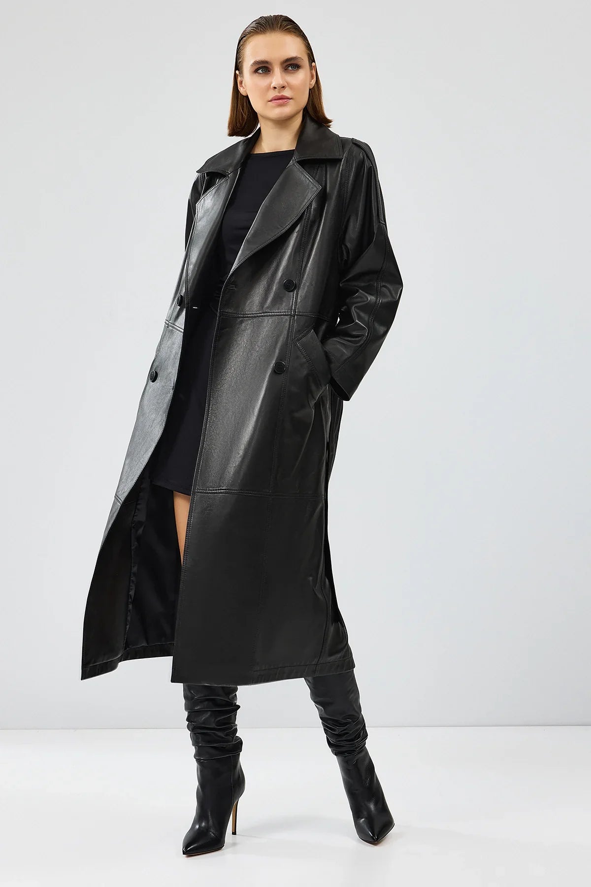 Women’s Black Double Breasted Long Leather Trench Coat