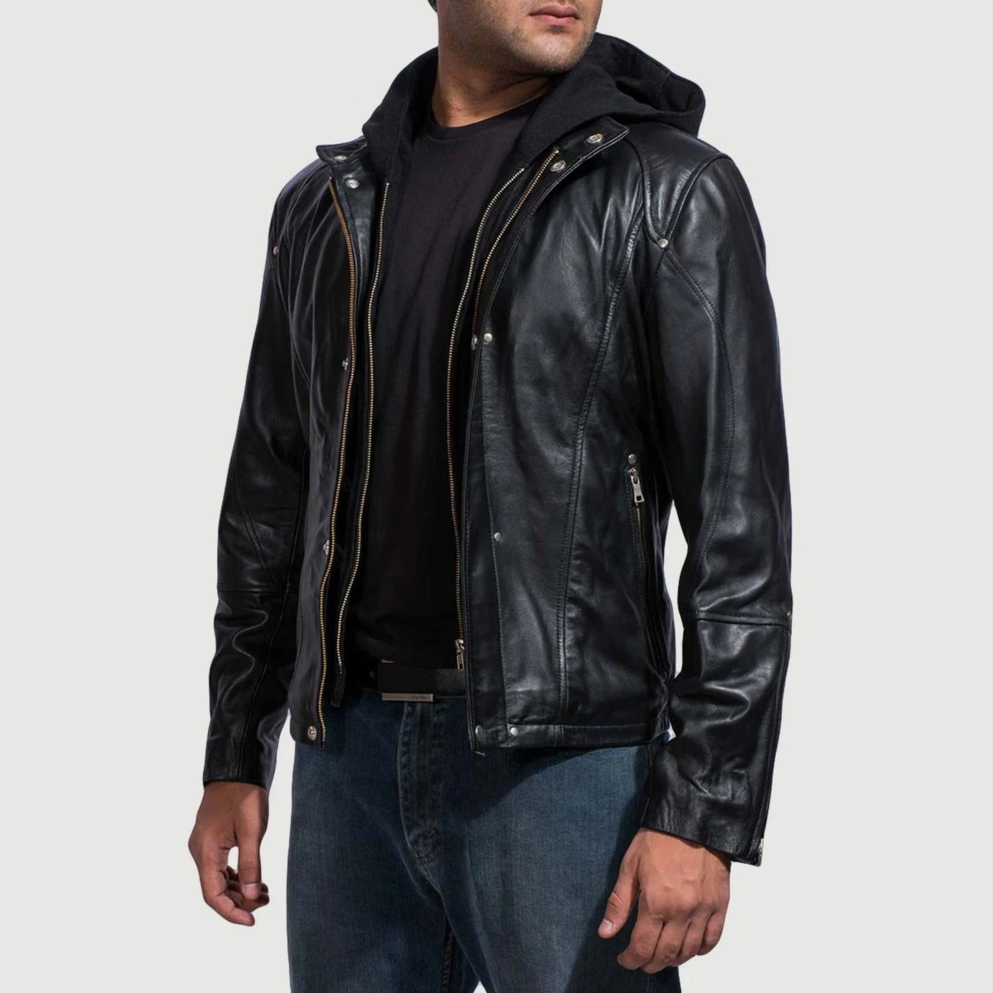Ace Black Hooded Genuine Leather Jacket
