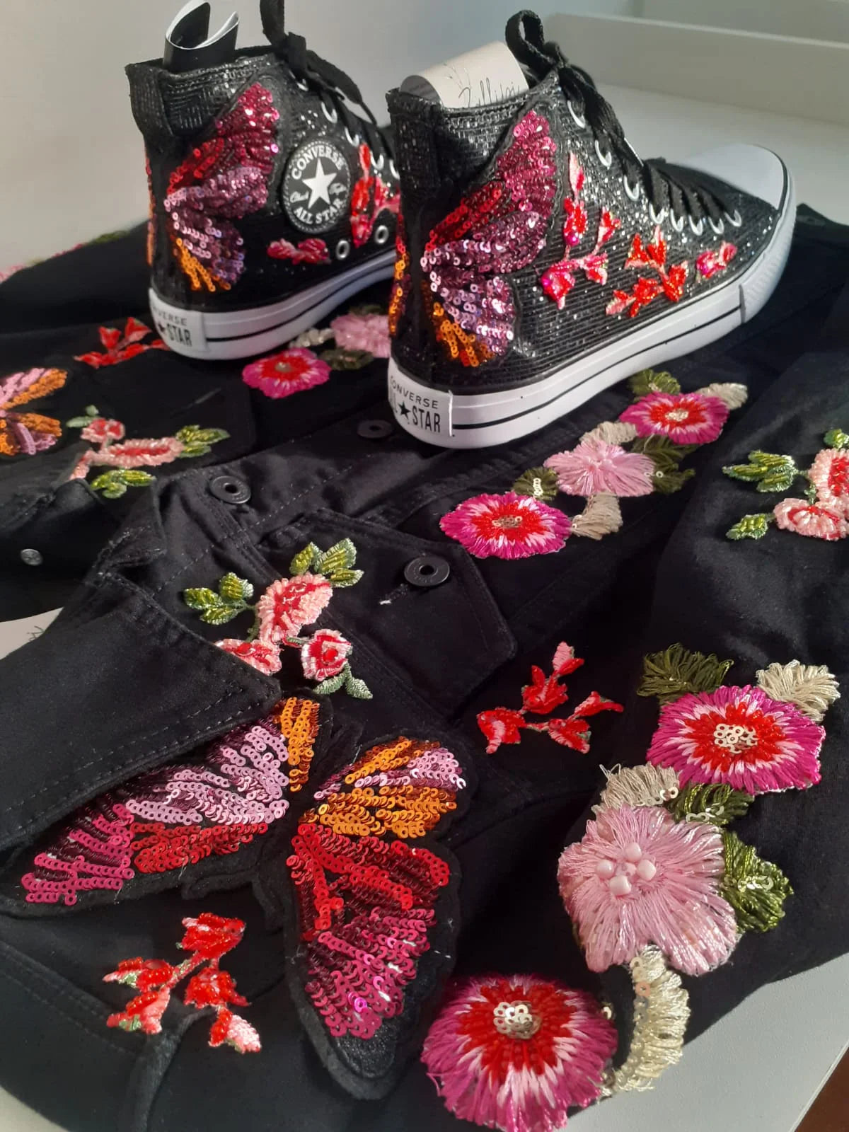 Sequin butterfly Women Denim jacket with flowers