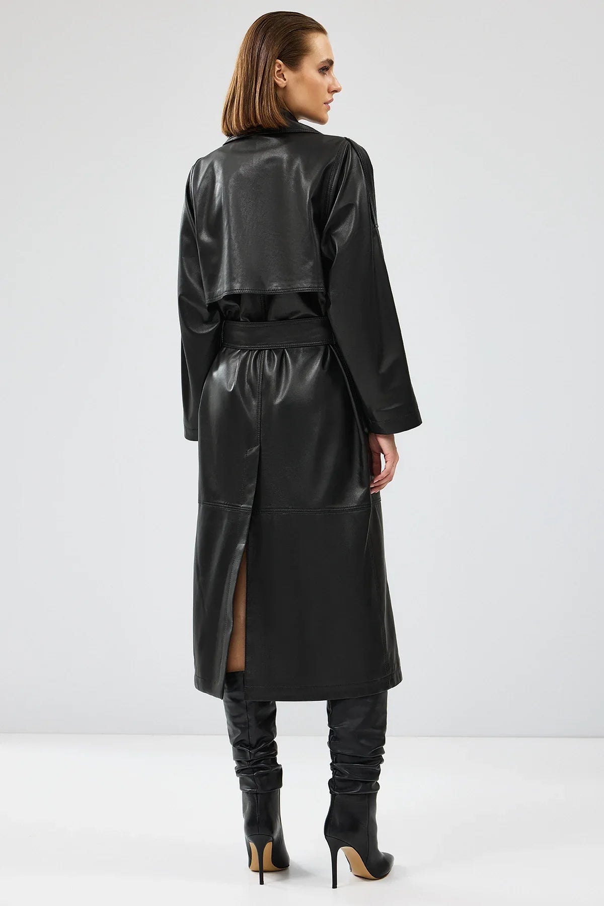 Women’s Black Double Breasted Long Leather Trench Coat
