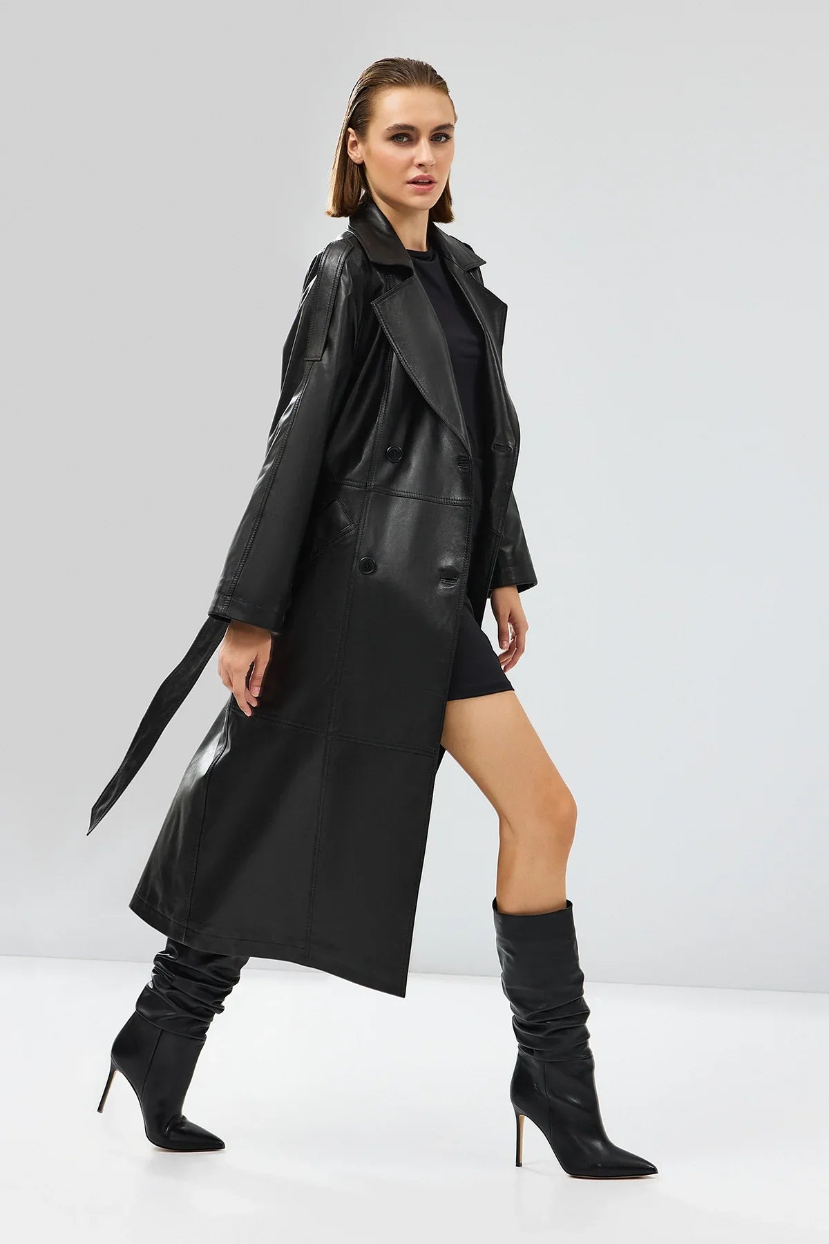 Women’s Black Double Breasted Long Leather Trench Coat