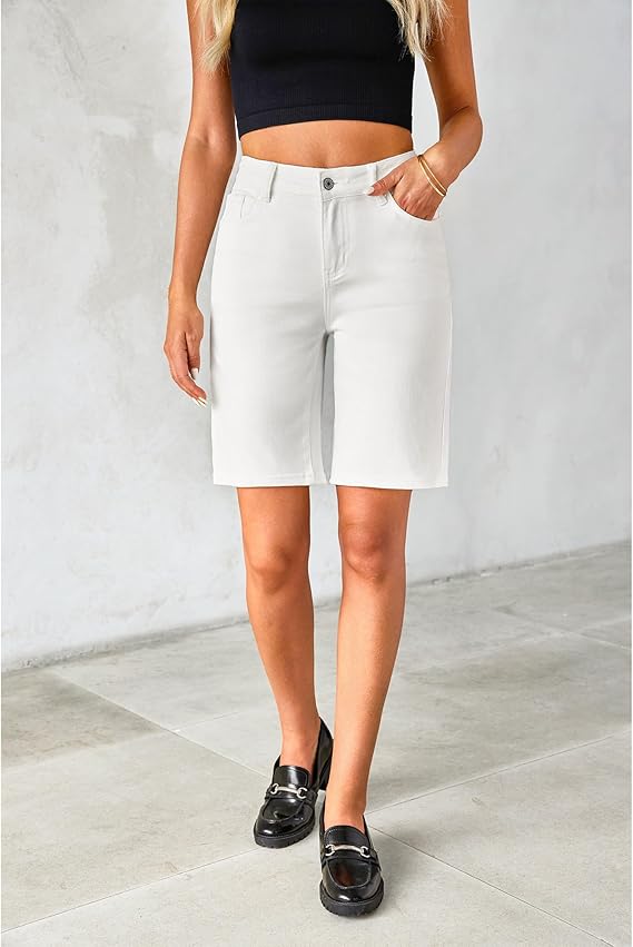 Bermuda Jean Shorts for Women High Waisted Stretchy White Denim Short