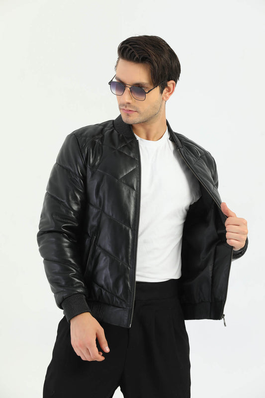 Ace Taranto Black Leather Bomber Jacket - Front View