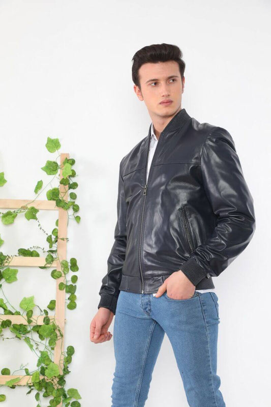 Sebastian Black Leather Bomber Jacket - Front View