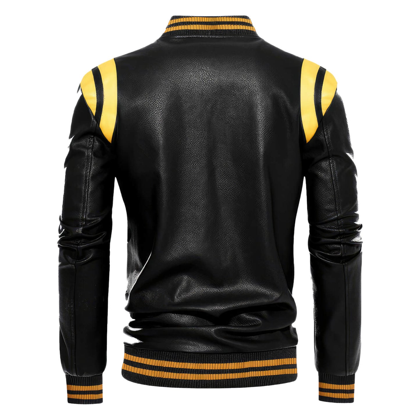 Men’s Black Biker Sheepskin Leather Jacket with Yellow Stripes