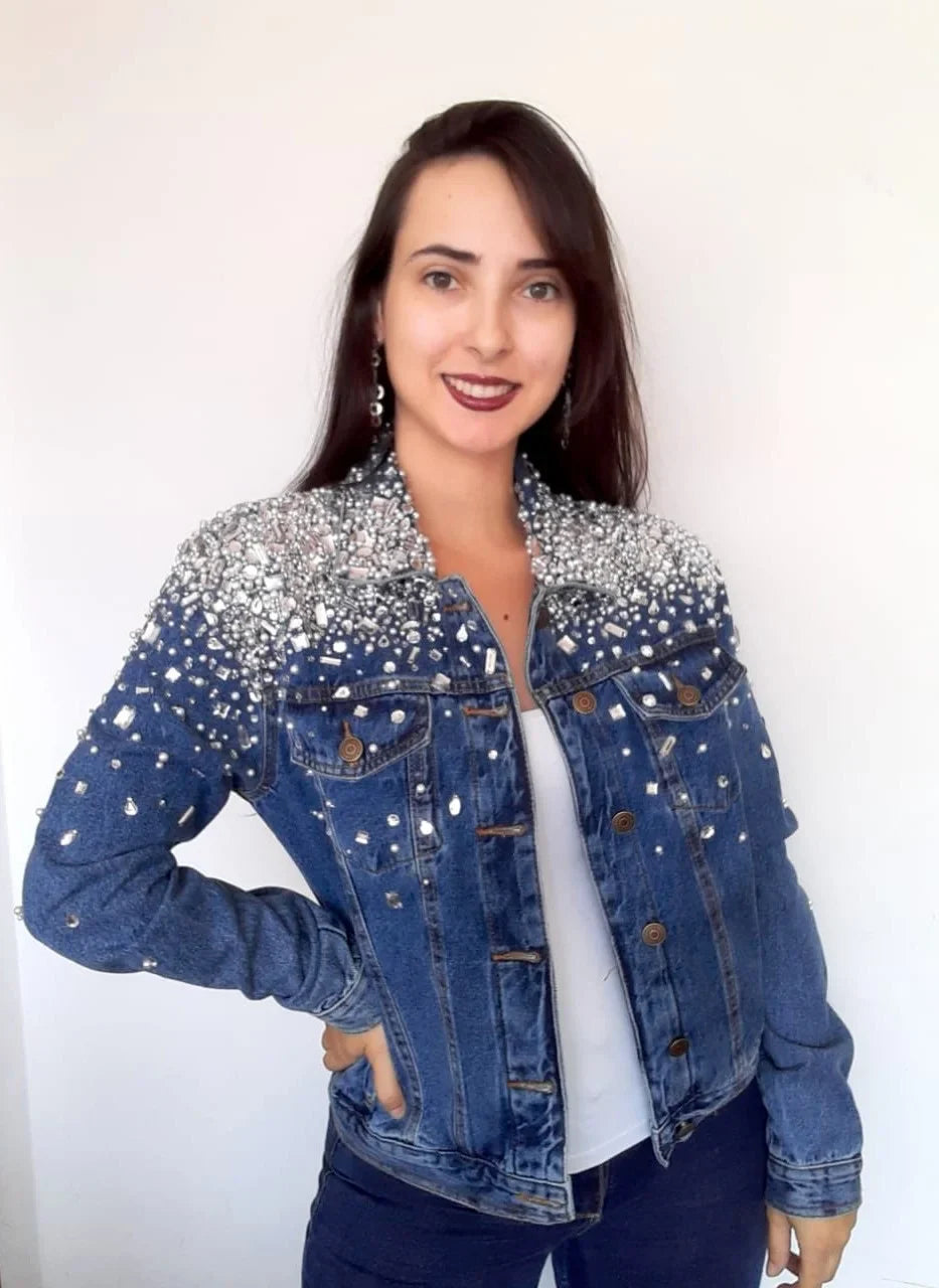 Women Denim Jacket With Crystals and Pearls