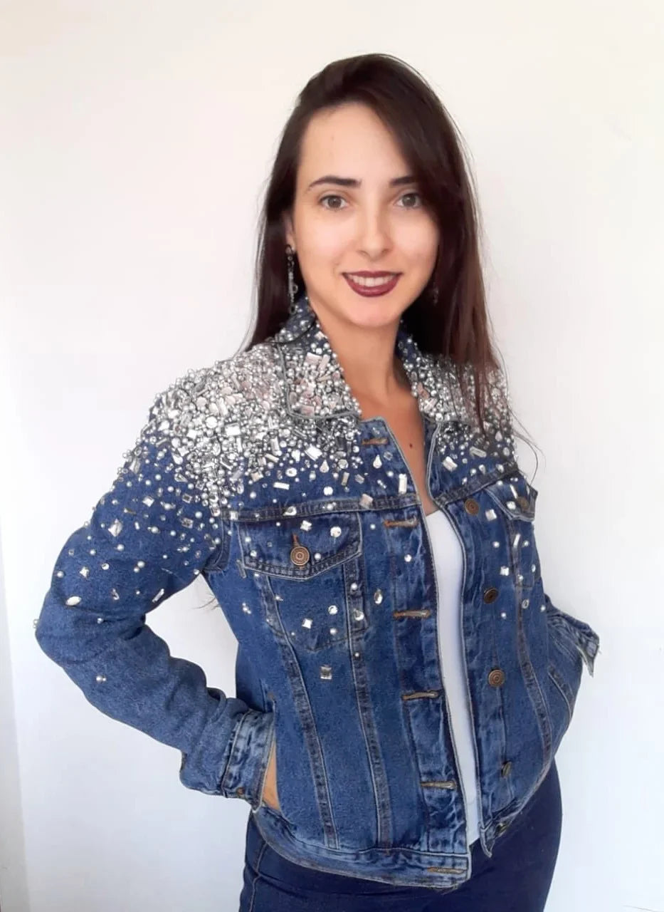 Women Denim Jacket With Crystals and Pearls