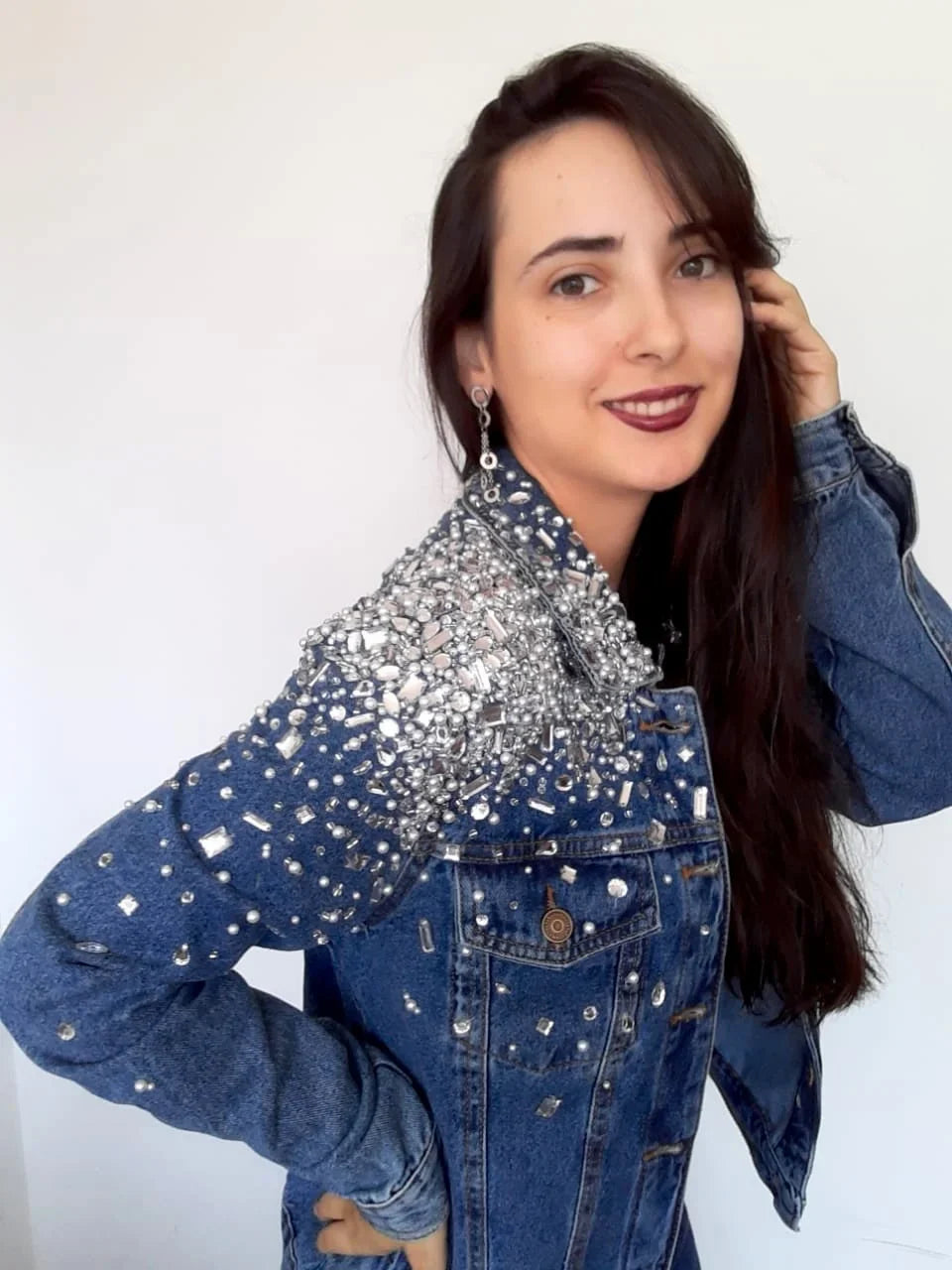 Women Denim Jacket With Crystals and Pearls