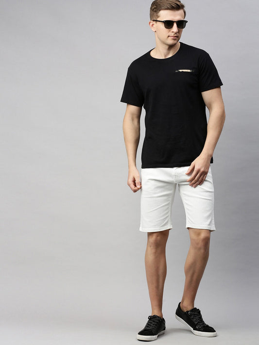 Men White Solid Slim Fit Denim Shorts - Front View - AceCart