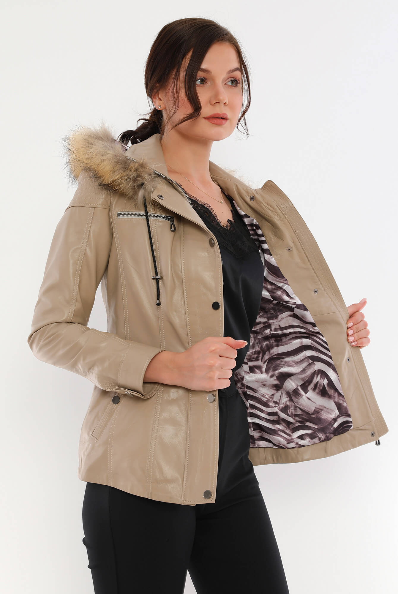 Veronica Beige Hood Leather Jacket With Fur