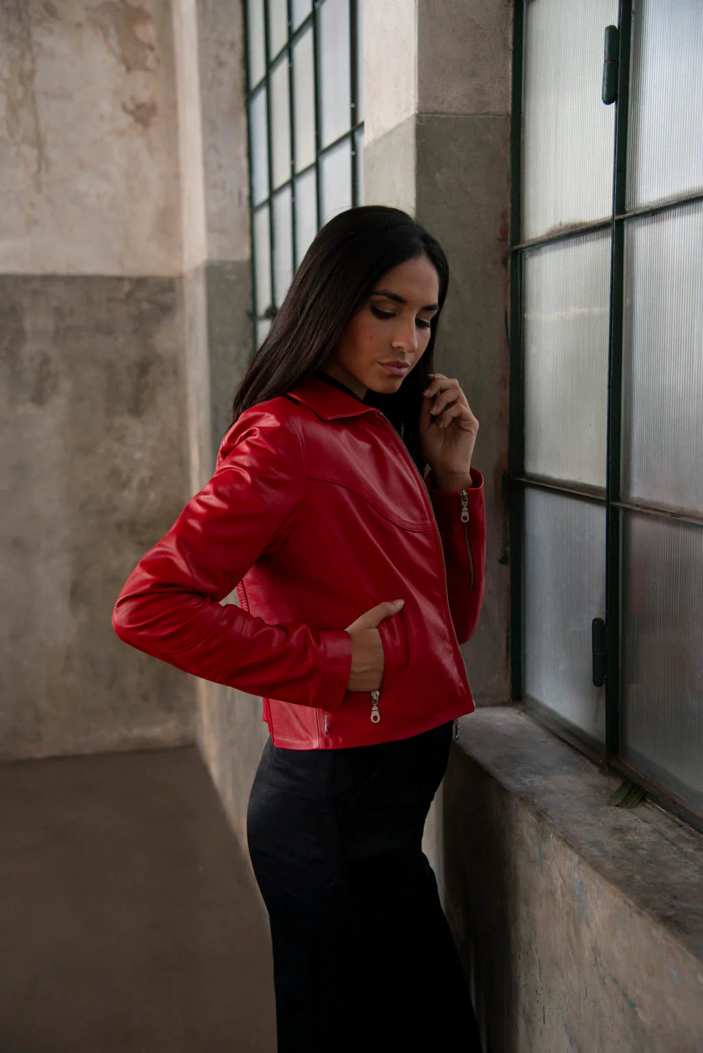 Red Biker Leather Jacket For Women's
