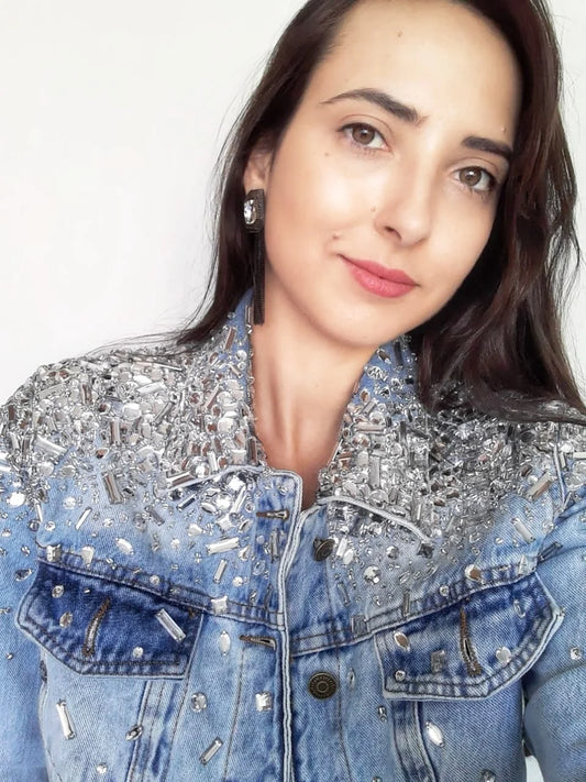 Light Blue Women Denim Crystals Jacket