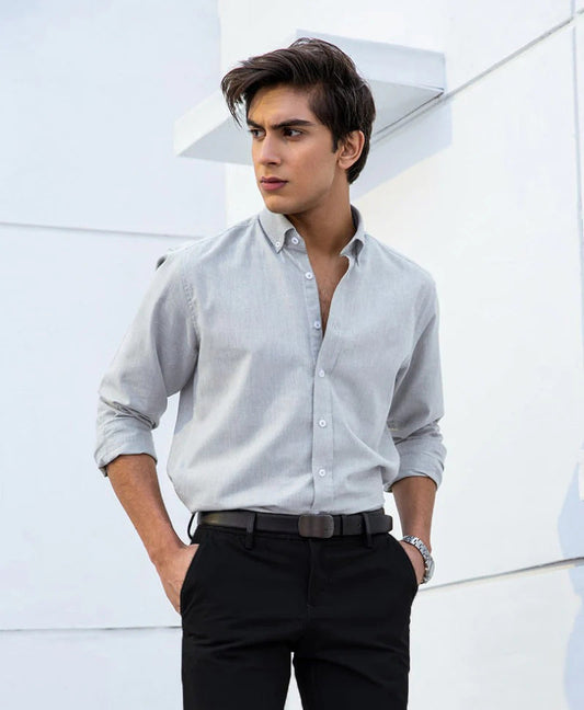 Plain Grey Cotton Shamery Shirt For Mens