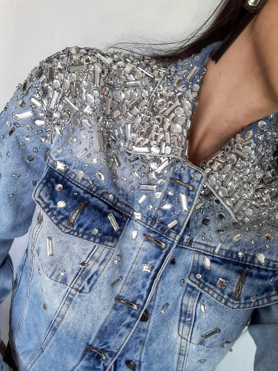 Light Blue Women Denim Crystals Jacket