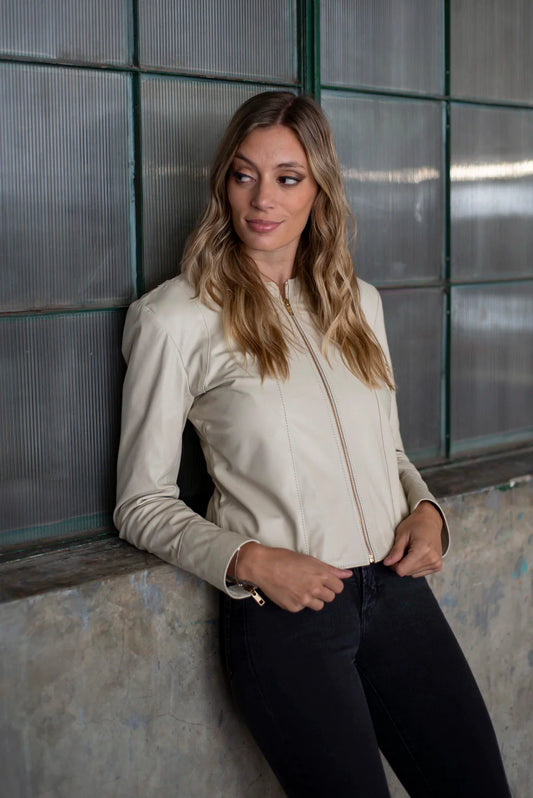 Collarless Women Leather Jacket