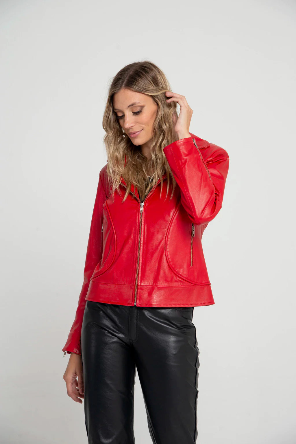 Spread Collar Women Red Leather Jacket