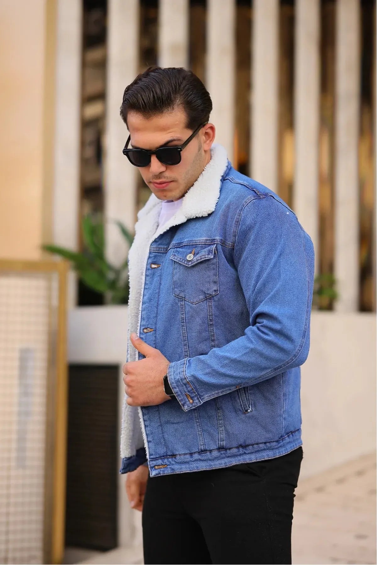 Light Blue Men's Denim Jacket With White Fur