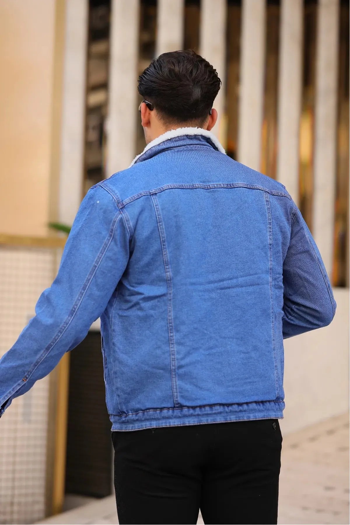 Light Blue Men's Denim Jacket With White Fur