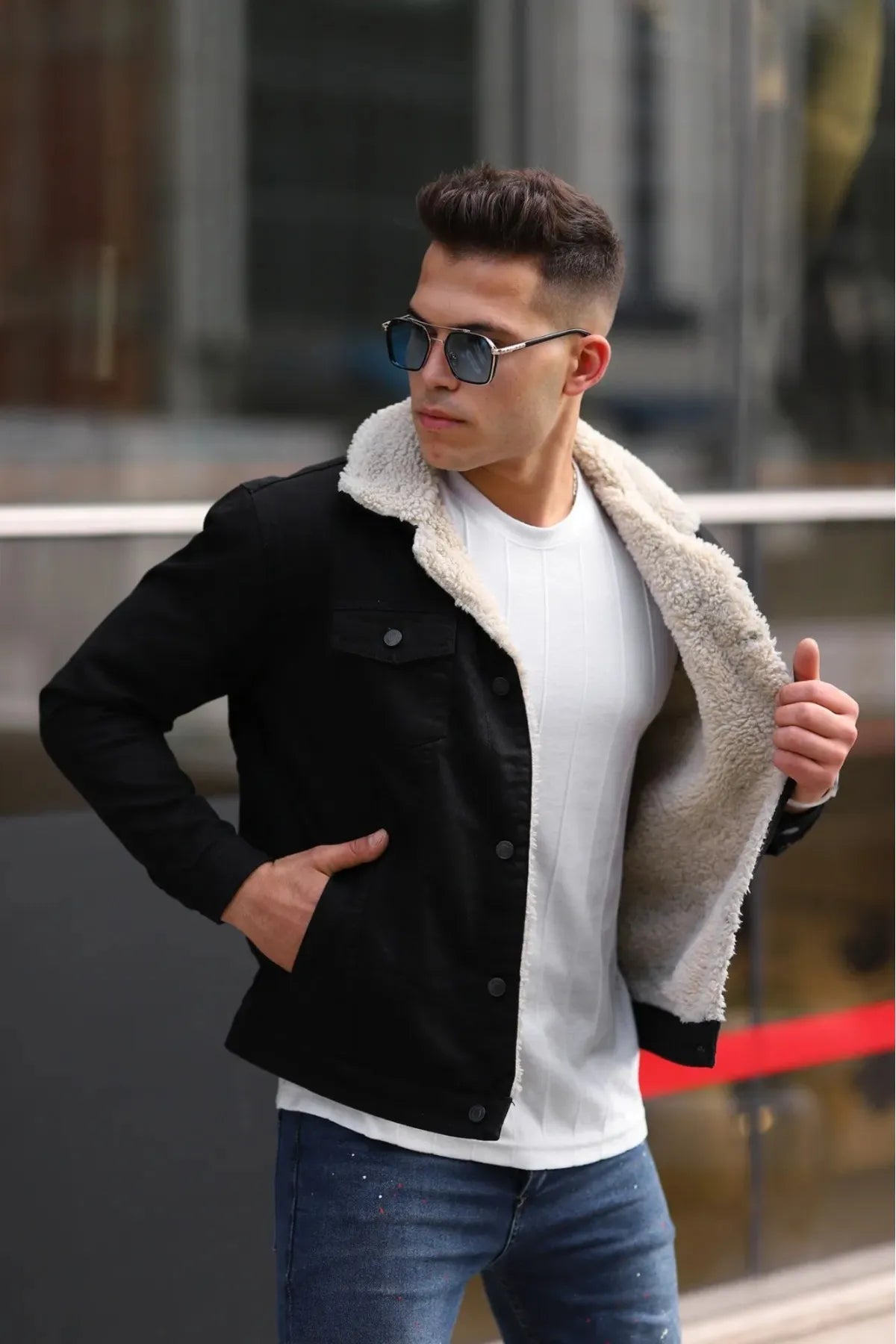 Black Men's Denim Jacket With Off White Fur