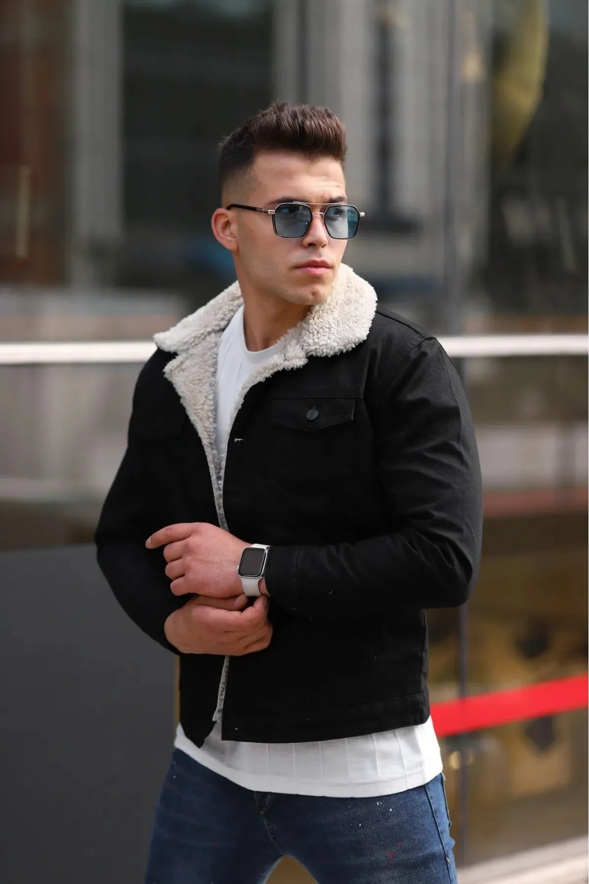 Black Men's Denim Jacket With Off White Fur