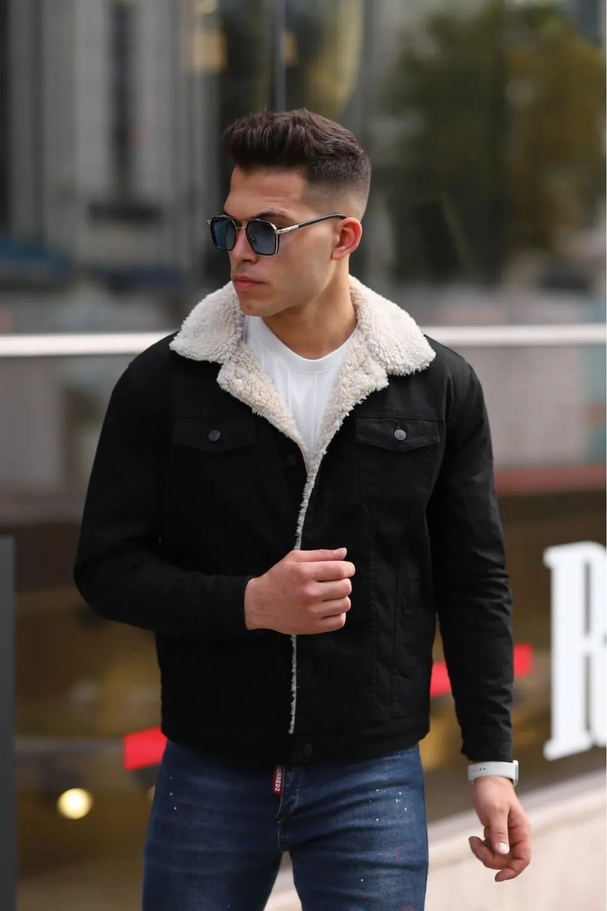 Black Men's Denim Jacket With Off White Fur