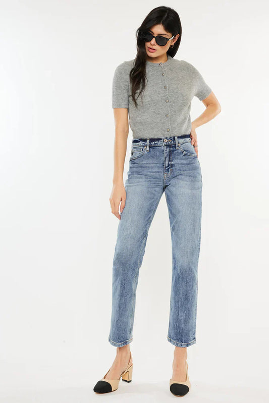 Trendy High Rise Slim Straight Leg Jeans - Front View