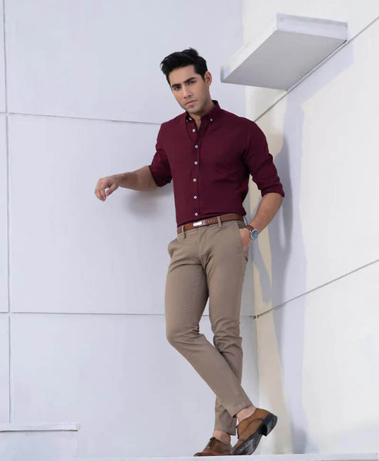 Plain Maroon Cotton Shamery Shirt For Mens
