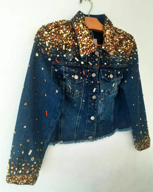 Gold and Brown Crystals Denim Jacket