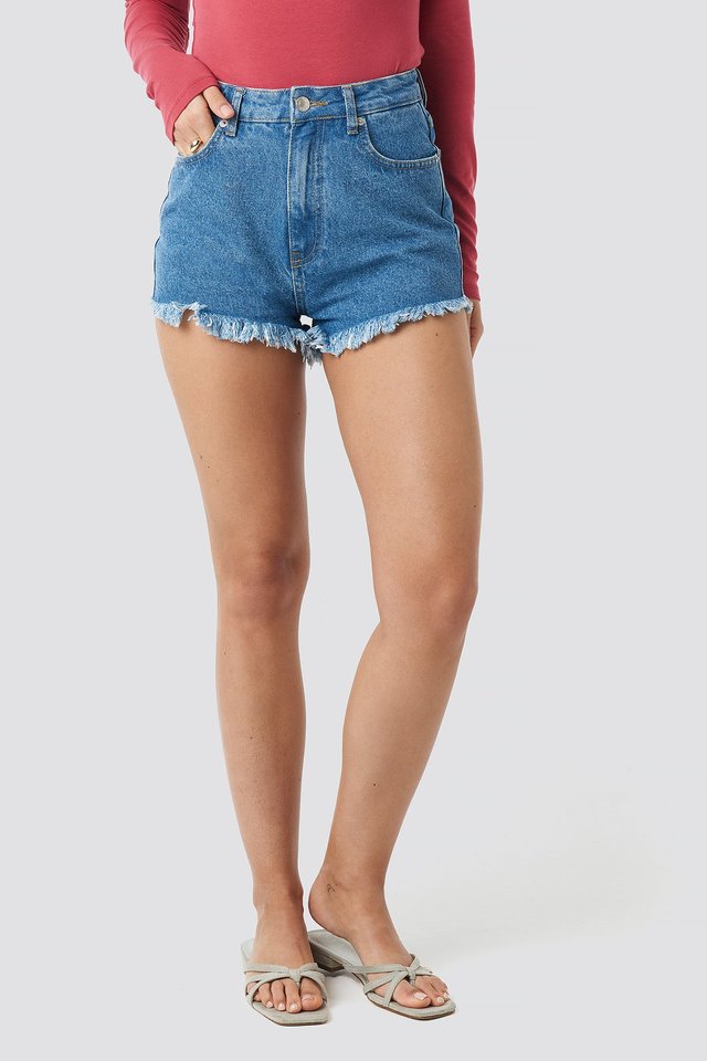 Fringe Hem Short Denim Shorts Blue For Womens  - Back View - AceCart