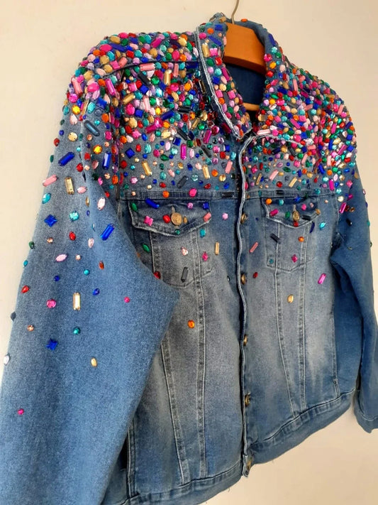 Colorful Crystal Stones Constellation Denim Jacket