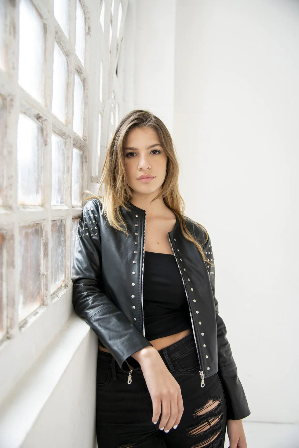 Black Women Biker Leather Jacket With Studs