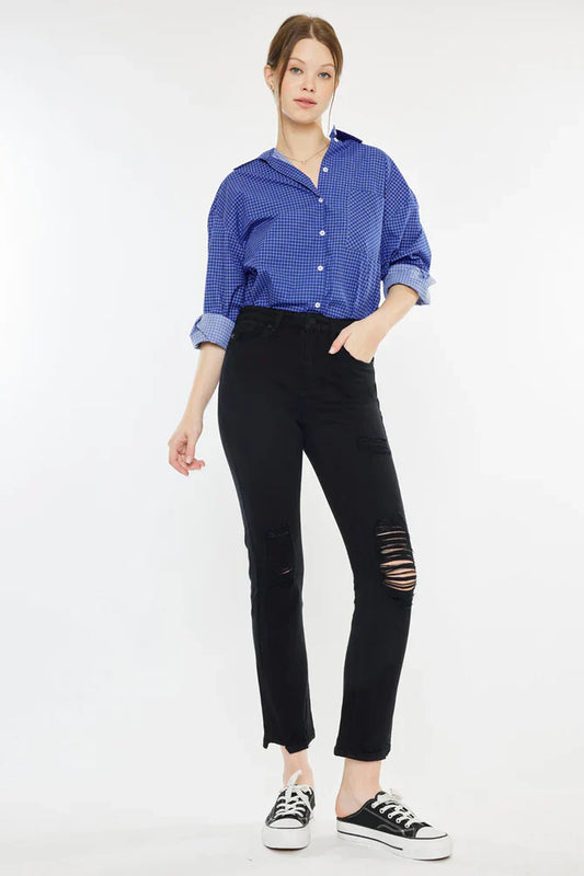 Damaged Ultra High Rise Slim Black Straight Leg Jeans - Front View