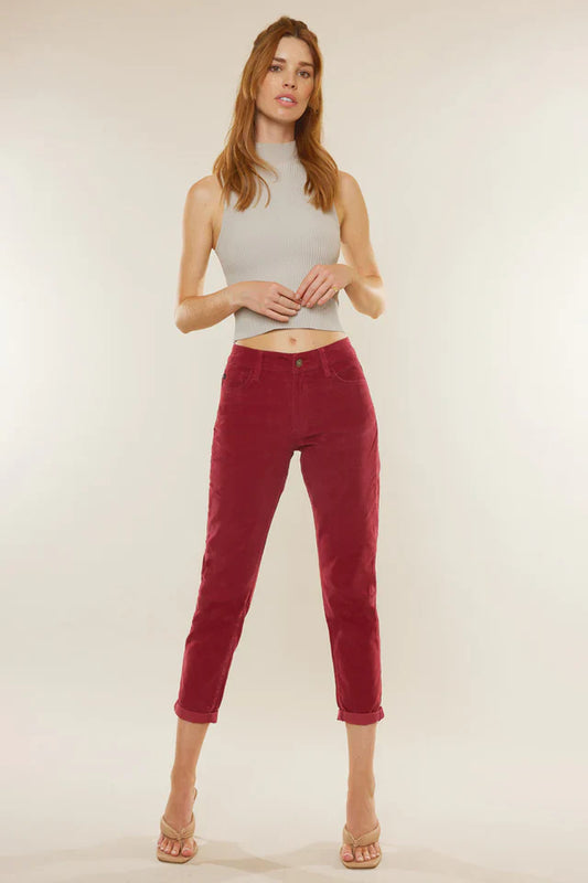 High Rise Maroon Corduroy Mom Jeans - Front View