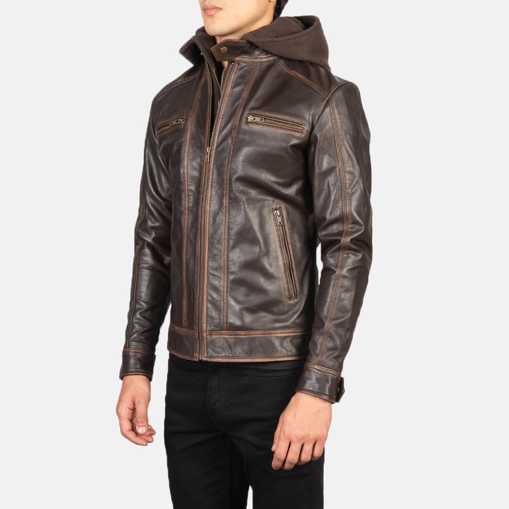 Vintage Brown Hooded Leather Biker Jacket