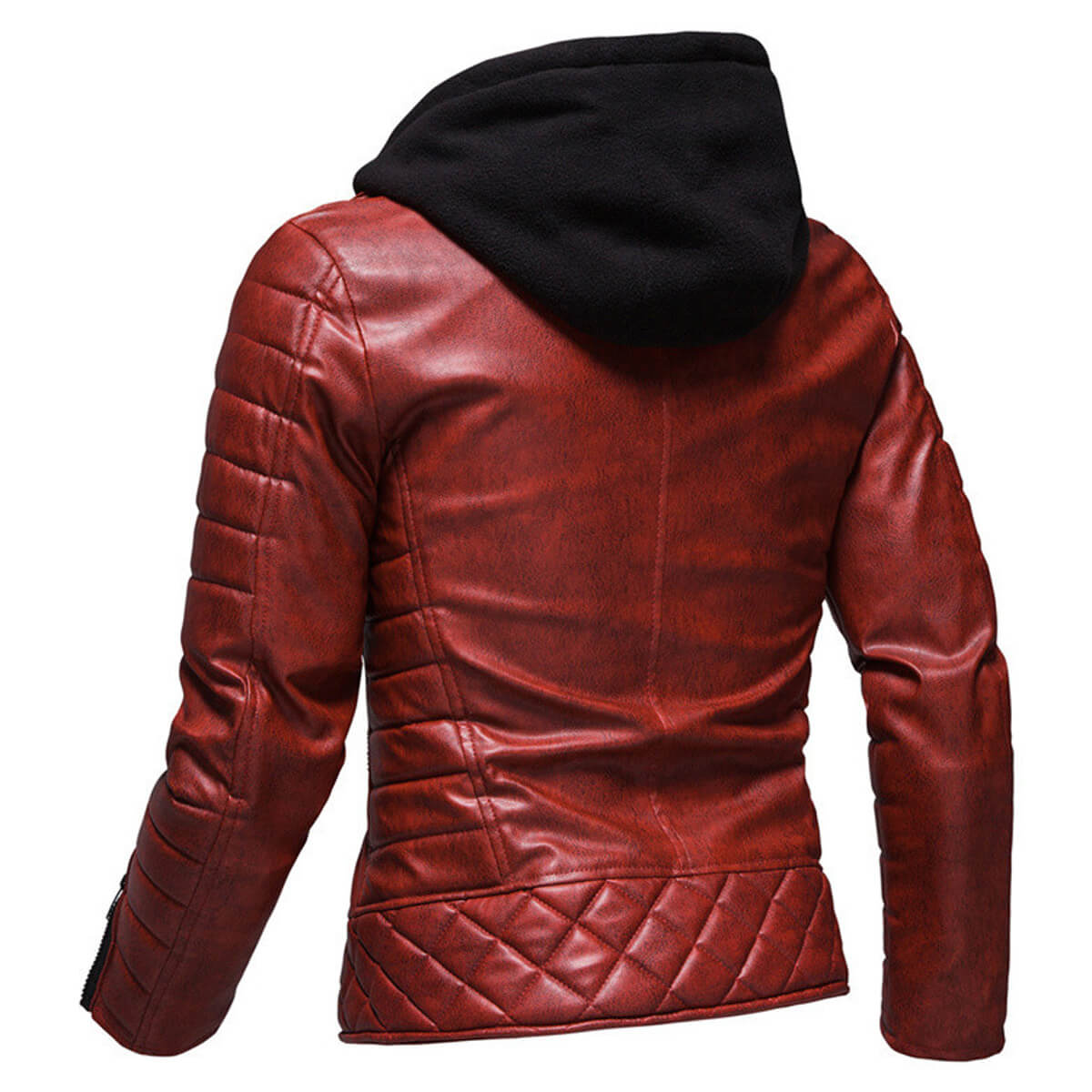 Men’s Maroon Distressed Biker Sheepskin Hooded Leather Jacket