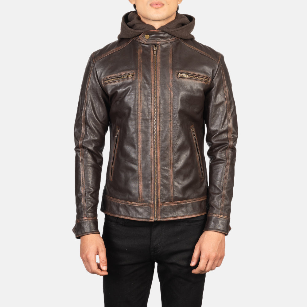 Vintage Brown Hooded Leather Biker Jacket