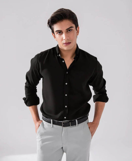 Plain Black Cotton Shamery Men Shirts