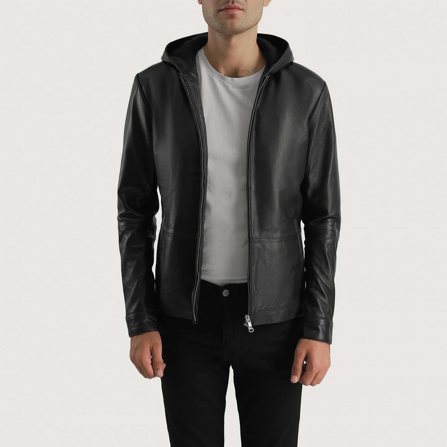 Matte Black Hooded Genuine Leather Jacket